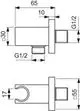 Zeichnung eines Armaturenteils der Marke Ideal Standard, das eine bestimmte Geometrie und Maße aufweist. Enthält Verbindungen in G1/2 und eine Hauptlänge mit Durchmessern.